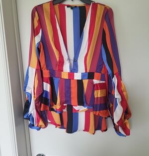 Fashion Nova Multicolor Vertical Stripe V-Neck Peplum Blouse